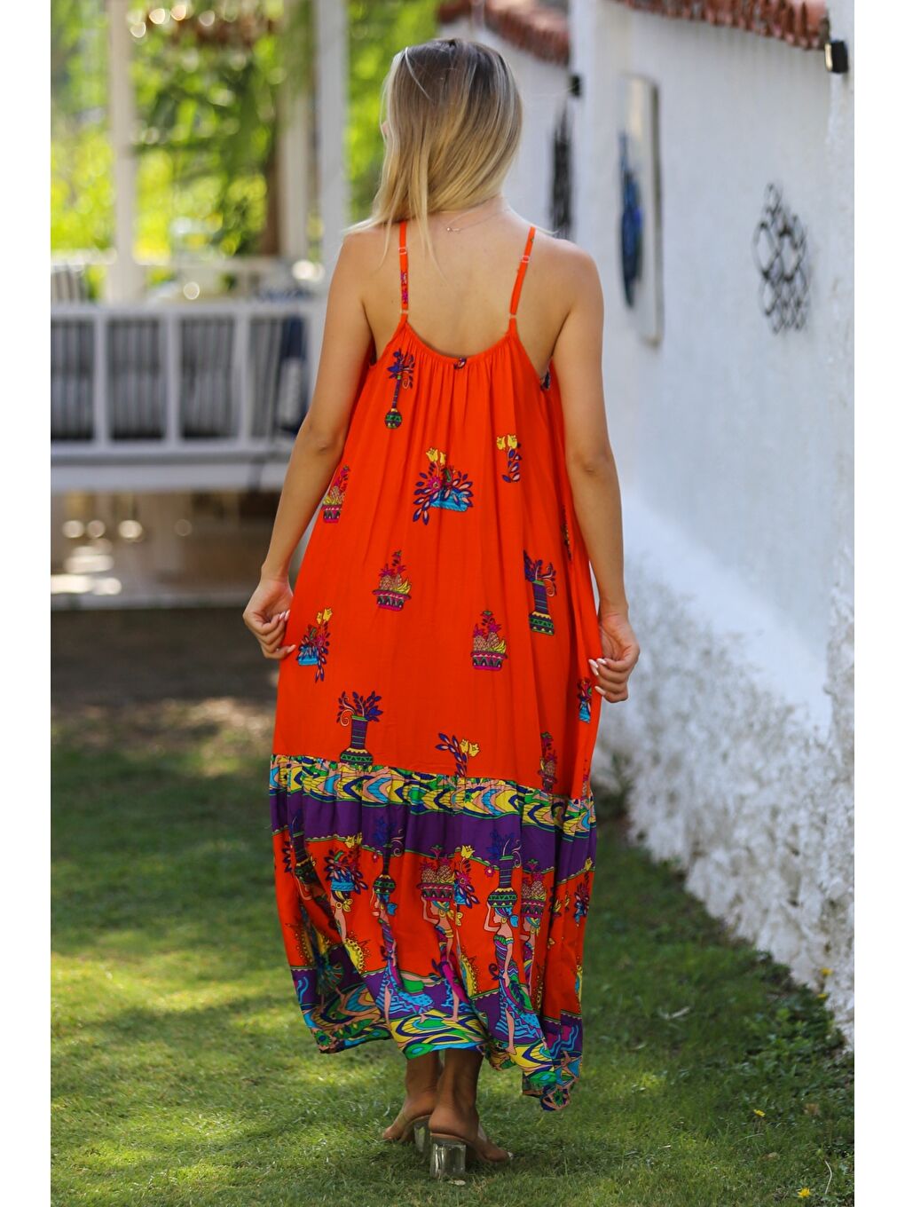 Turuncu Askılı Eteği Fırfırlı Allover Baskılı Dokuma Casual Elbise-7