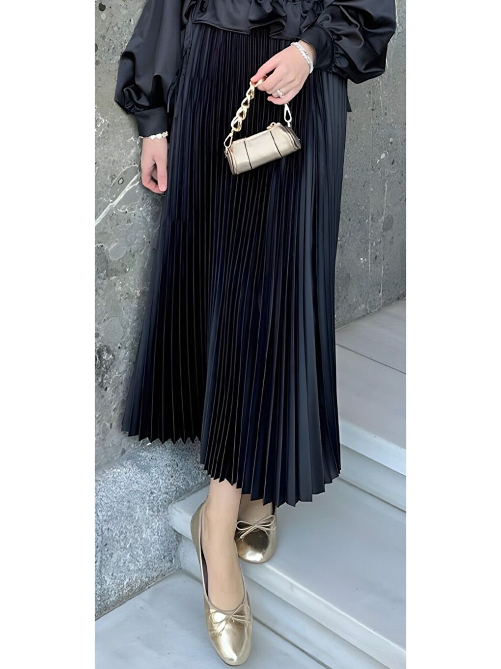 Kadın Piliseli Uzun Etek Siyah-1