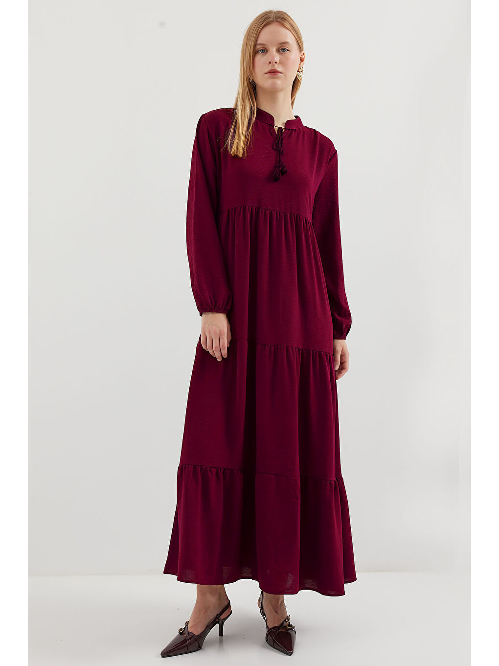 1627 Yaka Bağcıklı Tesettür Elbise - D. Bordo