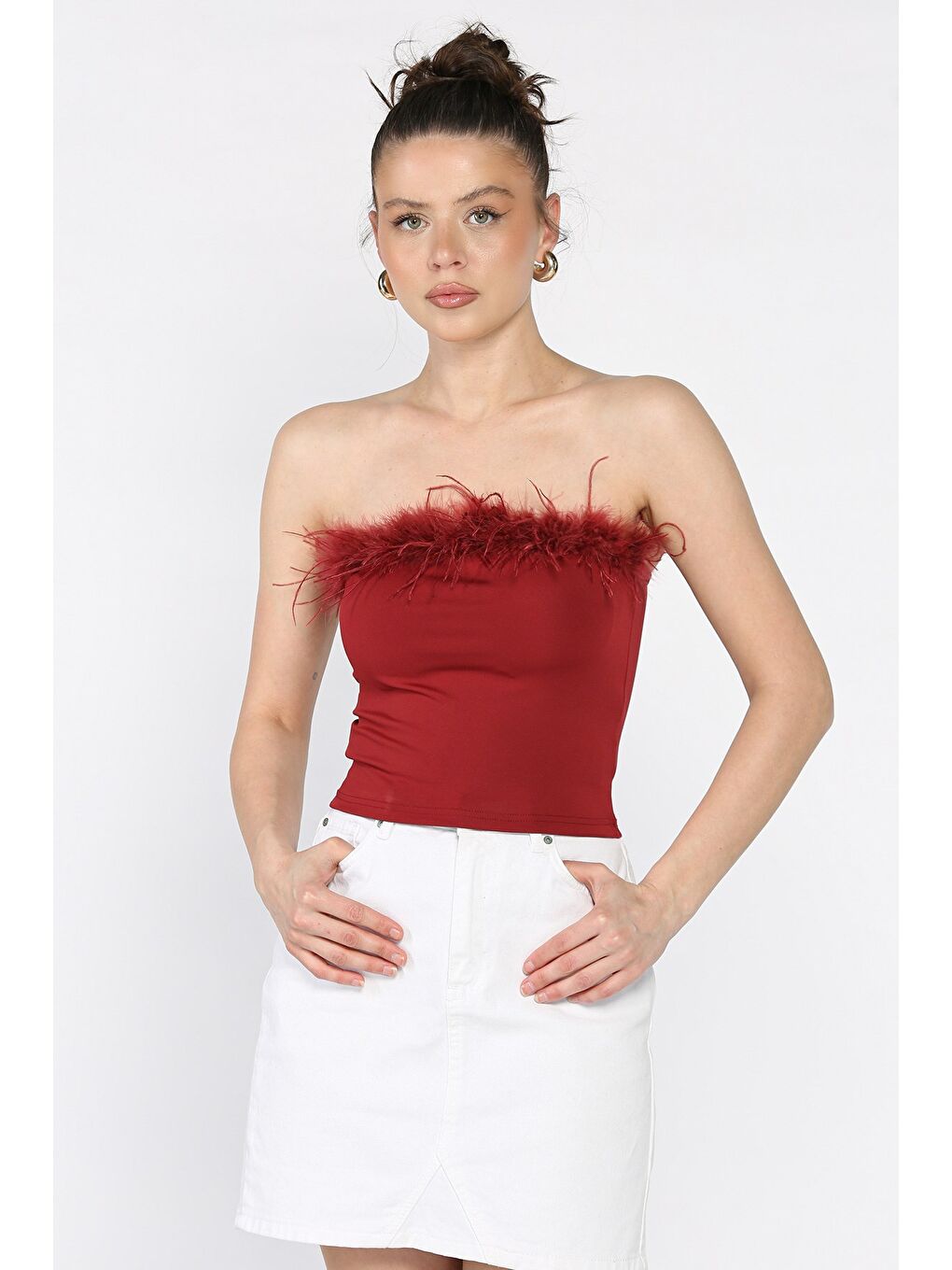 Bordo Kadın Ön Pelüş Detaylı Straplez Crop Top Bluz