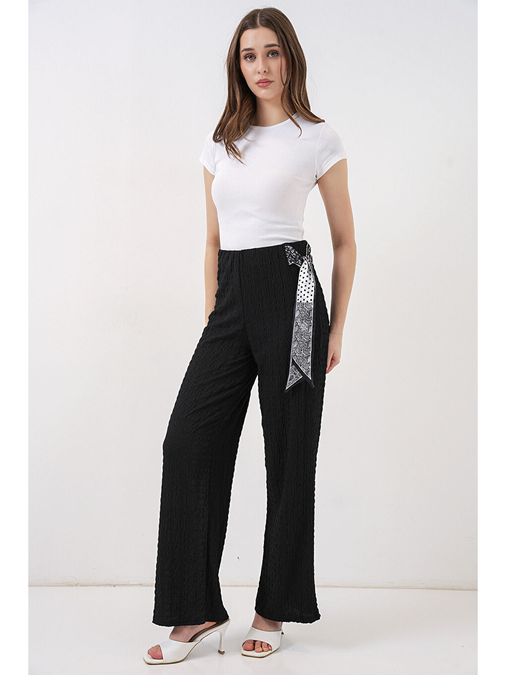 Kadın Fularlı Örme Pantolon 30070 - Siyah-2