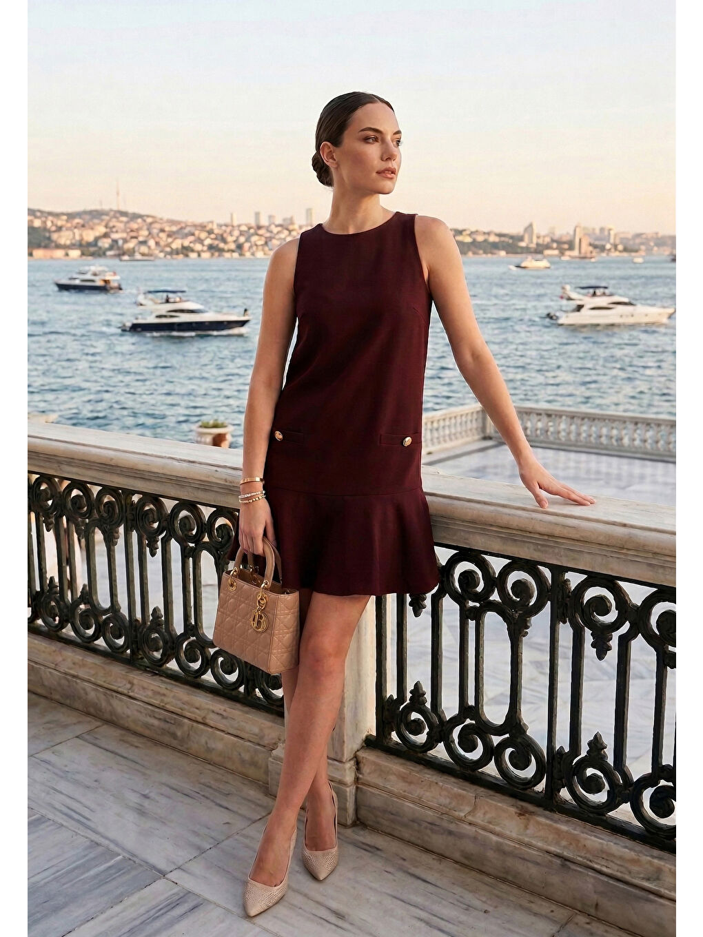 Bordo Kolsuz Mini Boy Cepli Elbise 6525734