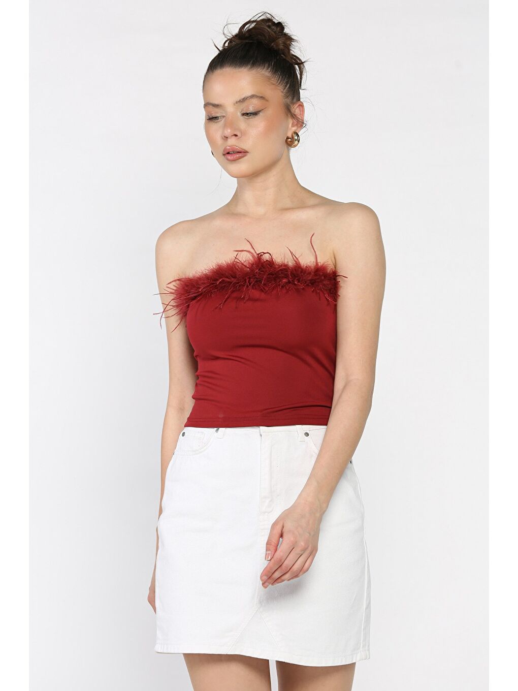 Bordo Kadın Ön Pelüş Detaylı Straplez Crop Top Bluz-1