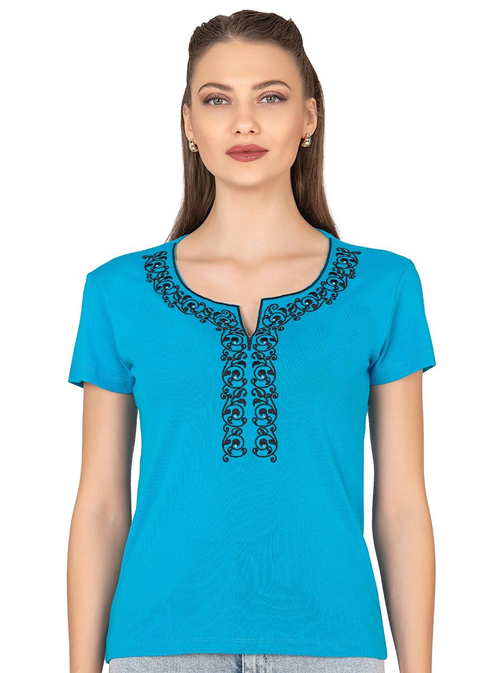 Kadın Nakış Detaylı Kısa Kol Pamuklu Bluz | Turkuaz 21191