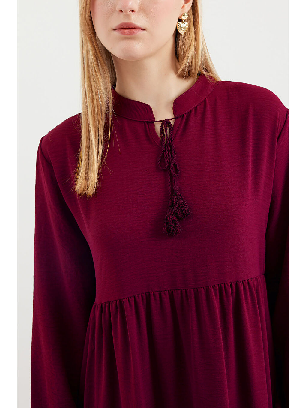 1627 Yaka Bağcıklı Tesettür Elbise - D. Bordo-1