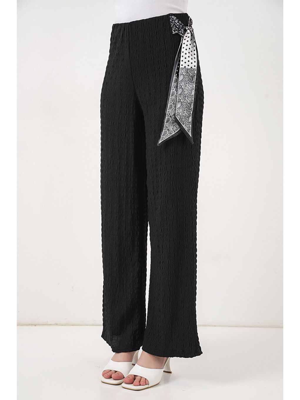 Kadın Fularlı Örme Pantolon 30070 - Siyah-3