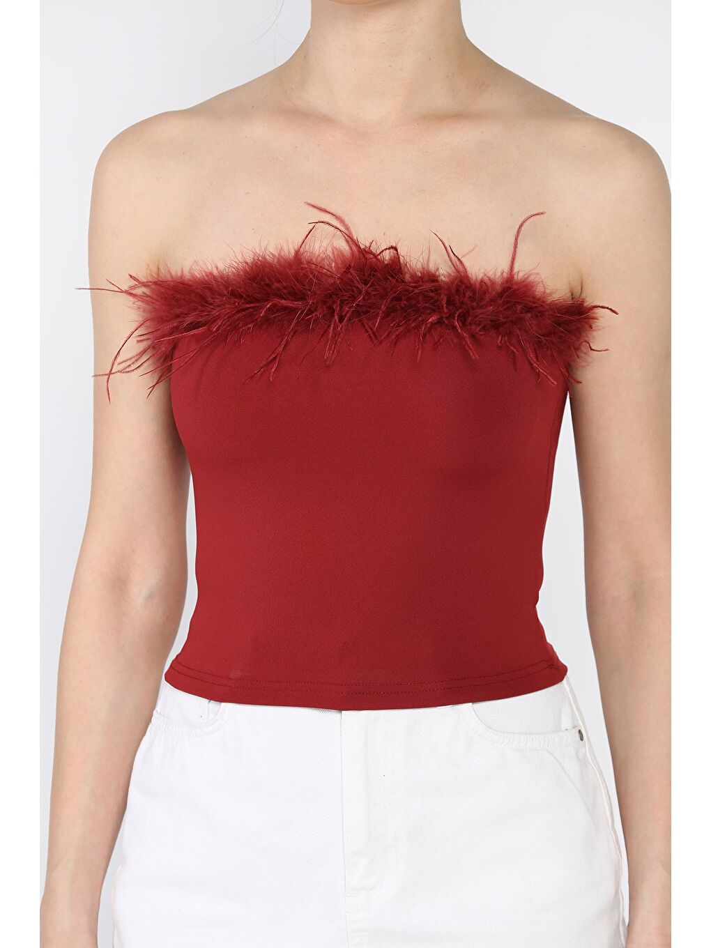Bordo Kadın Ön Pelüş Detaylı Straplez Crop Top Bluz-2