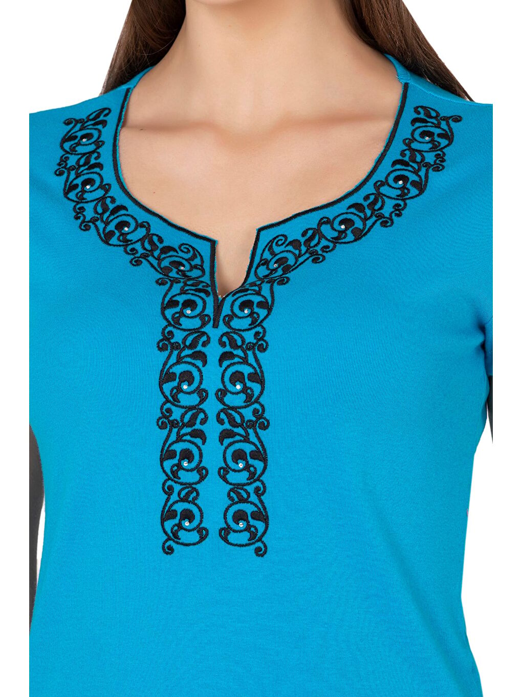 Kadın Nakış Detaylı Kısa Kol Pamuklu Bluz | Turkuaz 21191-1