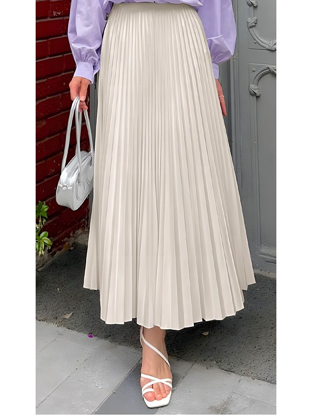 Bej Kadın Piliseli Uzun Etek Krem-1