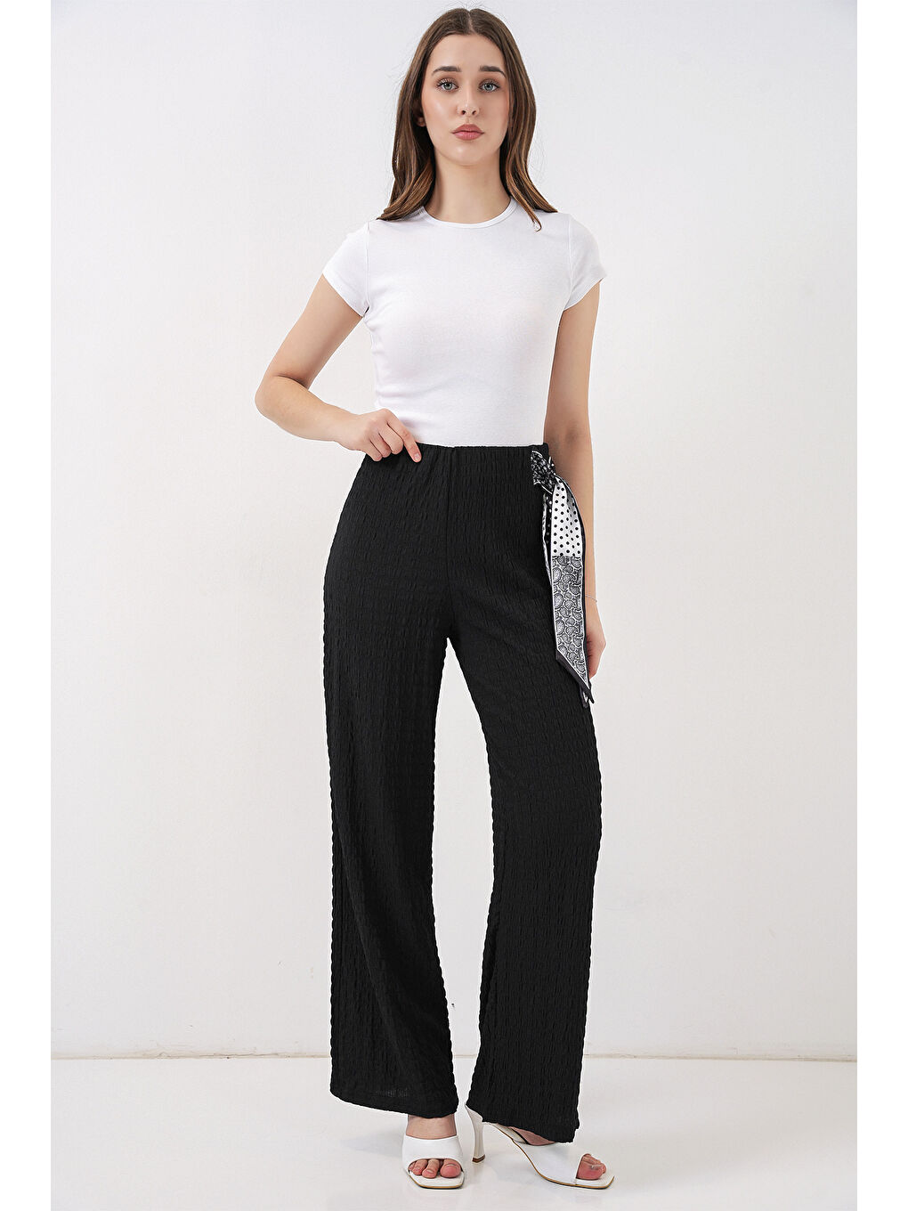 Kadın Fularlı Örme Pantolon 30070 - Siyah-4