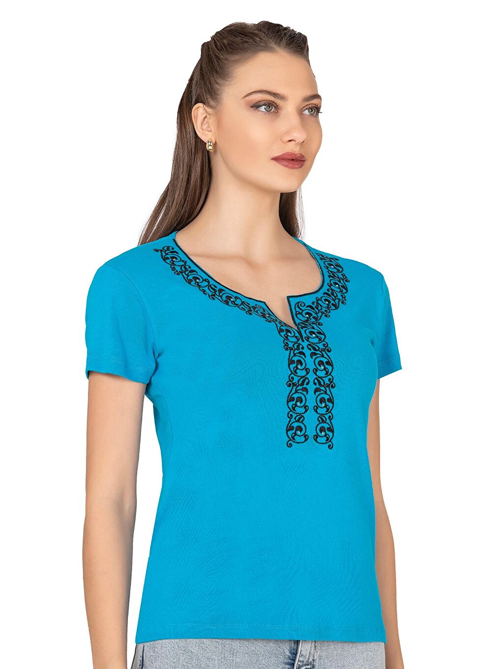 Kadın Nakış Detaylı Kısa Kol Pamuklu Bluz | Turkuaz 21191-2