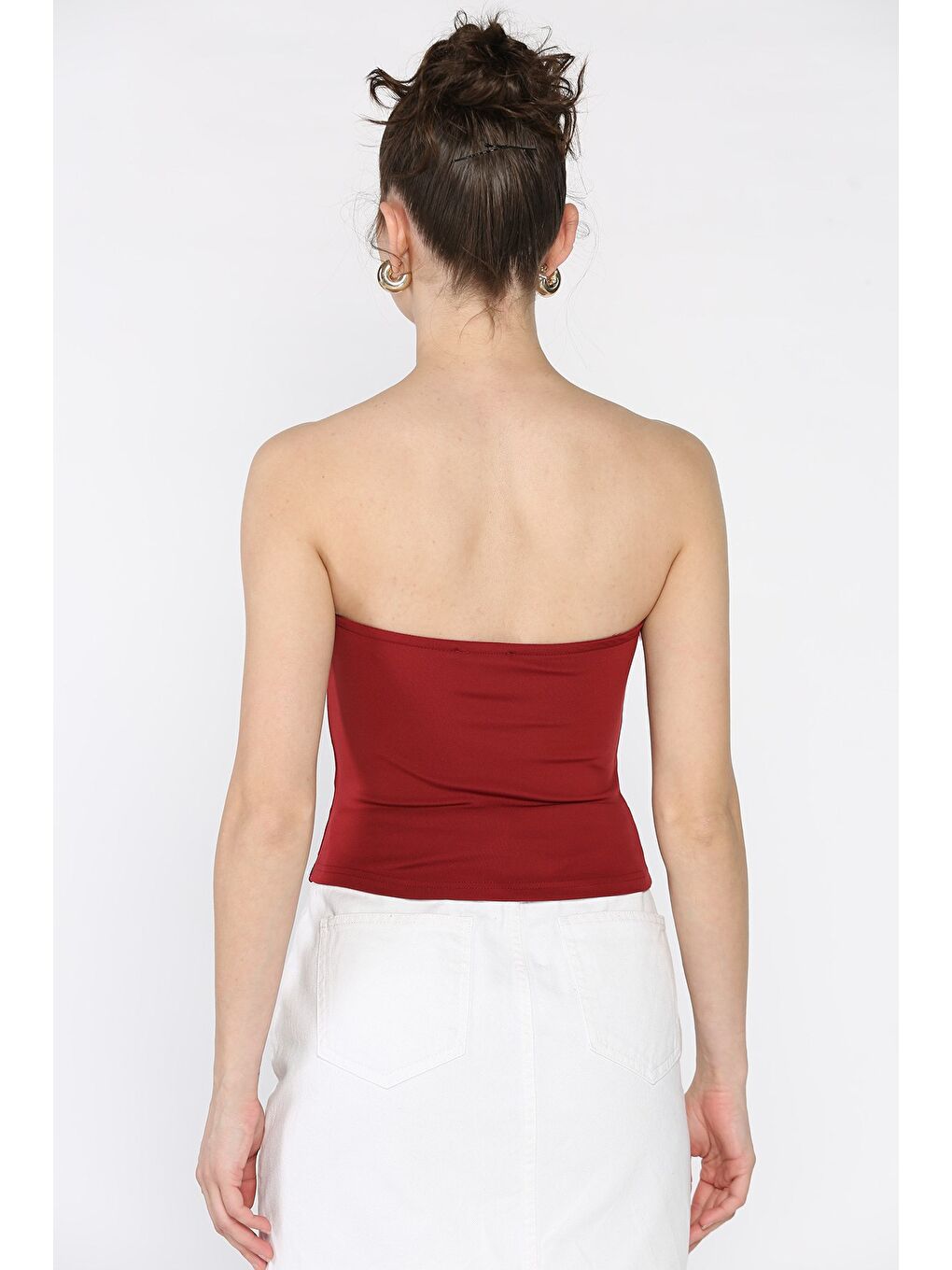 Bordo Kadın Ön Pelüş Detaylı Straplez Crop Top Bluz-3