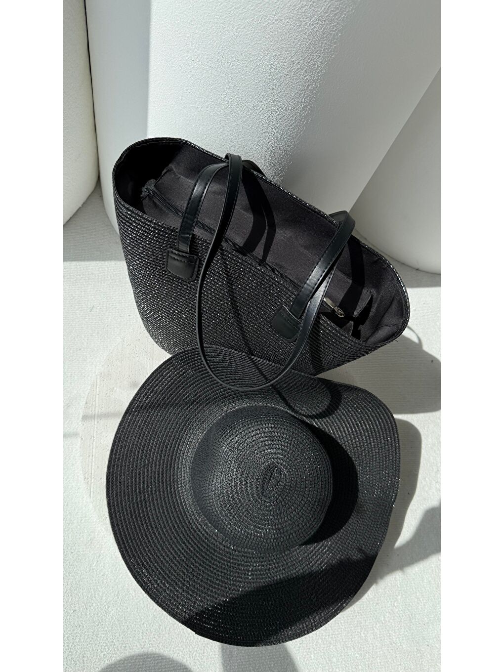 Siyah Hasır Şapka Ve Hasır Çanta İkili Set Kutulu Gönderim