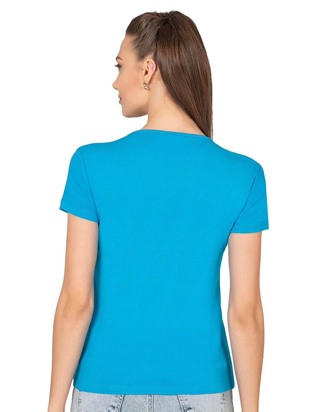 Kadın Nakış Detaylı Kısa Kol Pamuklu Bluz | Turkuaz 21191-4