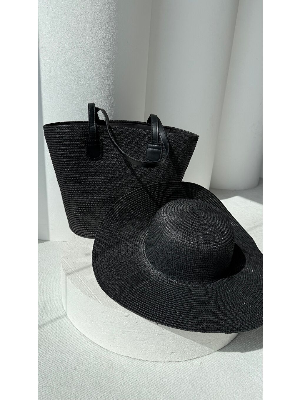 Siyah Hasır Şapka Ve Hasır Çanta İkili Set Kutulu Gönderim-1