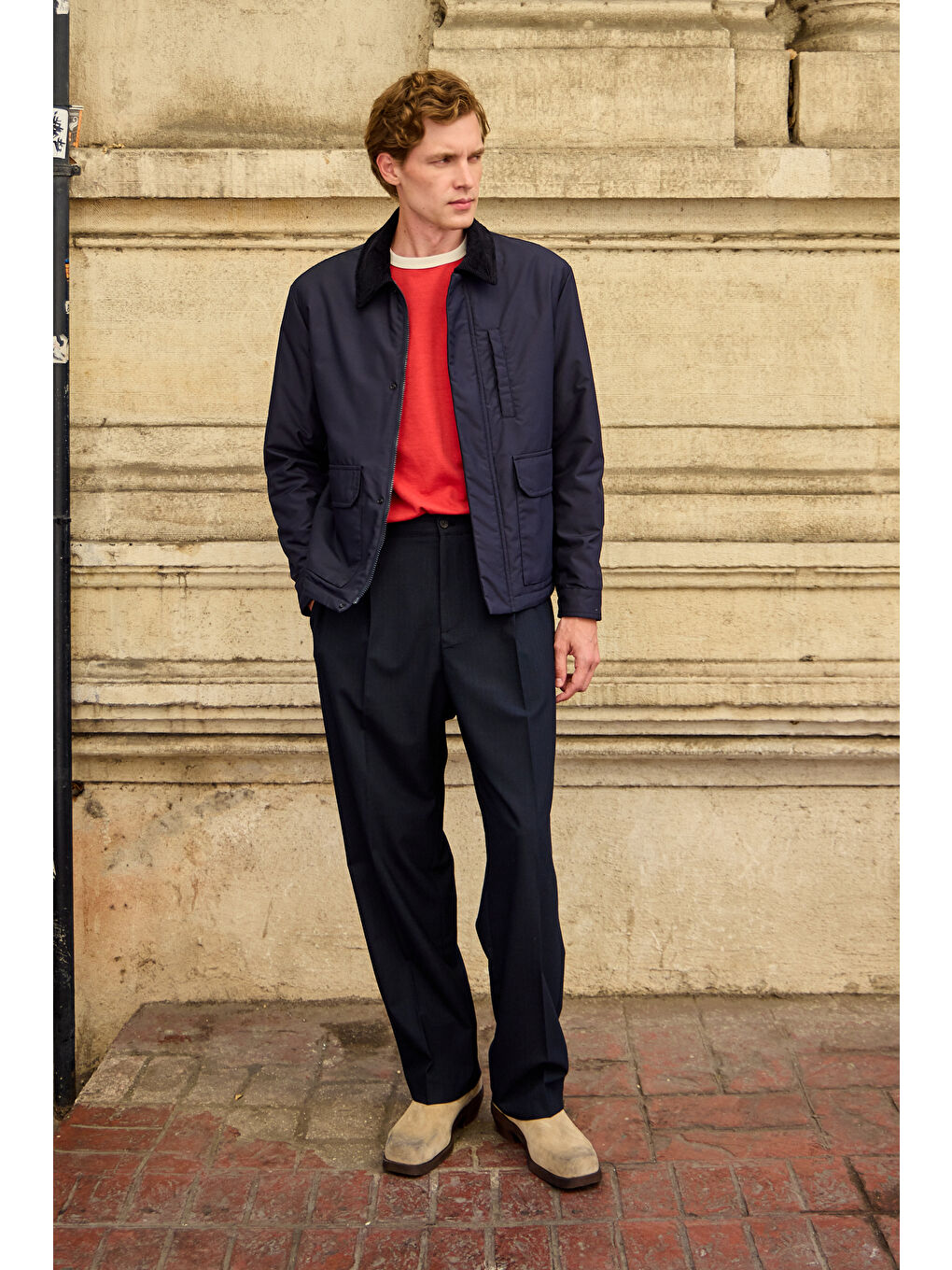 Erkek Kontrast Yakalı Mont Ceket Lacivert-1