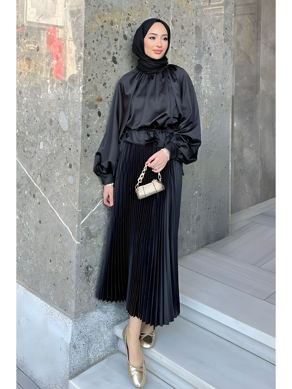 Kadın Piliseli Uzun Etek Siyah-5