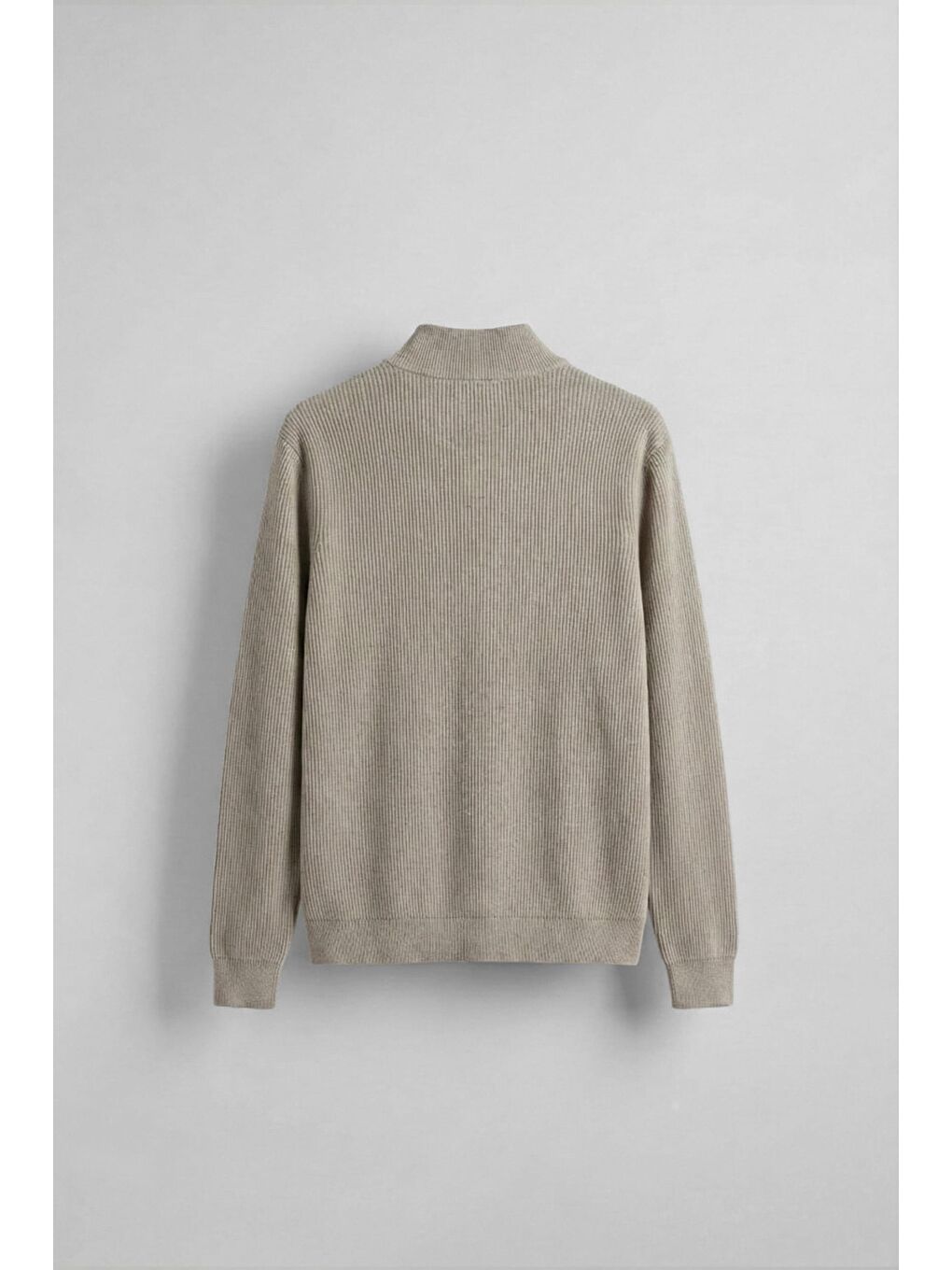 Bej Erkek Slim Fit Fermuarlı Dik Yaka Fitilli Triko Hırka Taş Rengi-1