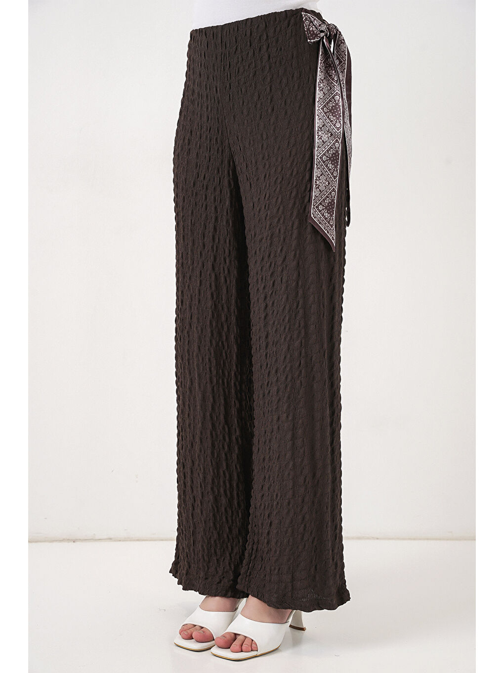 Kadın Fularlı Örme Pantolon 30070 - Kahverengi-3