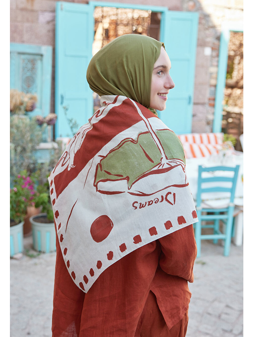 Kahverengi Endless Summer Desen Pamuk Vual Eşarp Kiremit-3