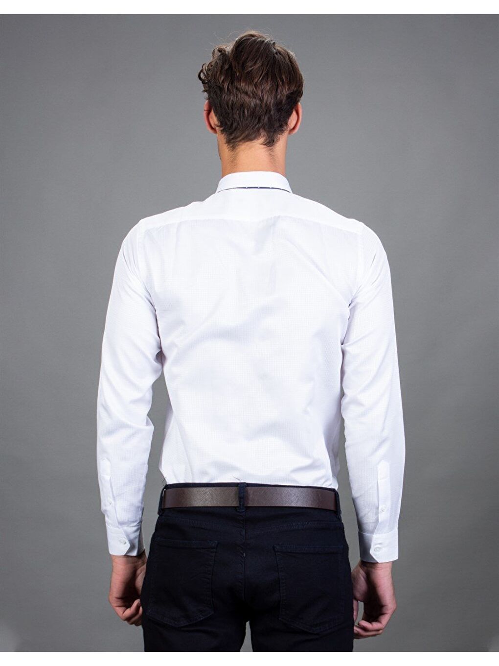 Modern Slim Fit Uzun Kollu Pamuklu Kolay Ütü Armürlü Erkek Beyaz Gömlek-2
