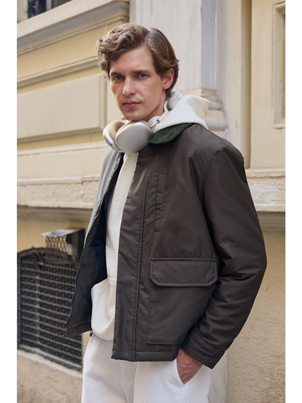 Erkek Kontrast Yakalı Mont Ceket Haki-1