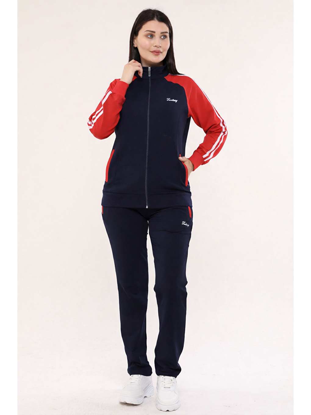 Siyah Büyük Beden Pamuklu Dik Yaka Bayan Eşofman Takımı 18307-1