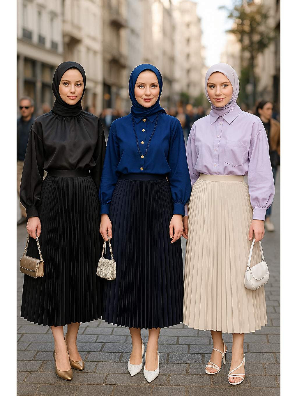 Beyaz Kadın 3 Lü Paket Basic Pilise Bol Lastikli Uzun Etek