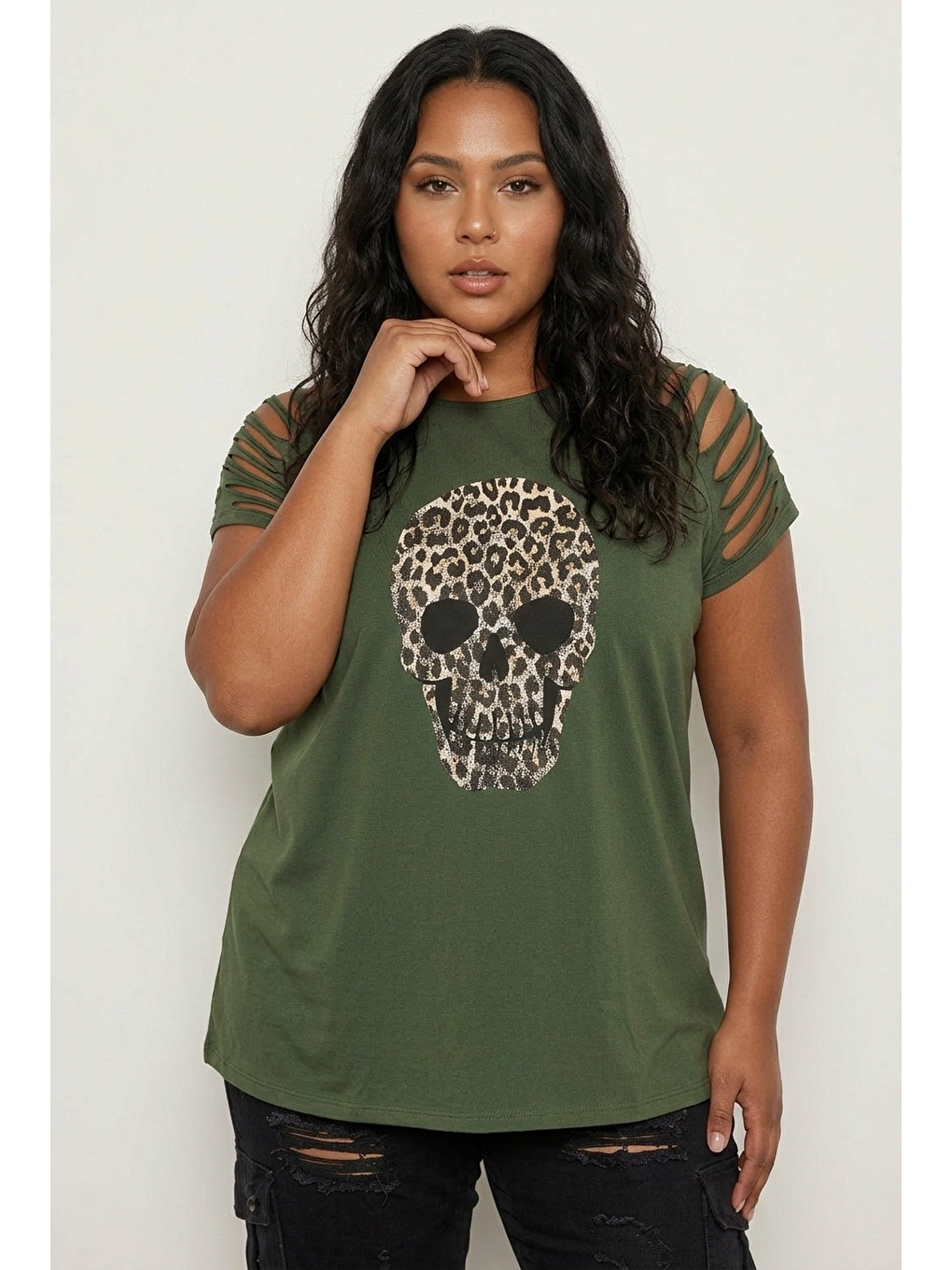 Yeşil Kuru Kafa Desenli T-shirt-1