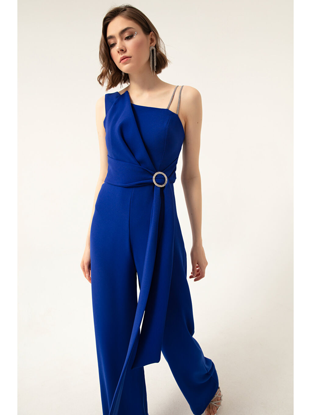 Mavi Kadın Saks Tek Omuz Taşlı Abiye Tulum