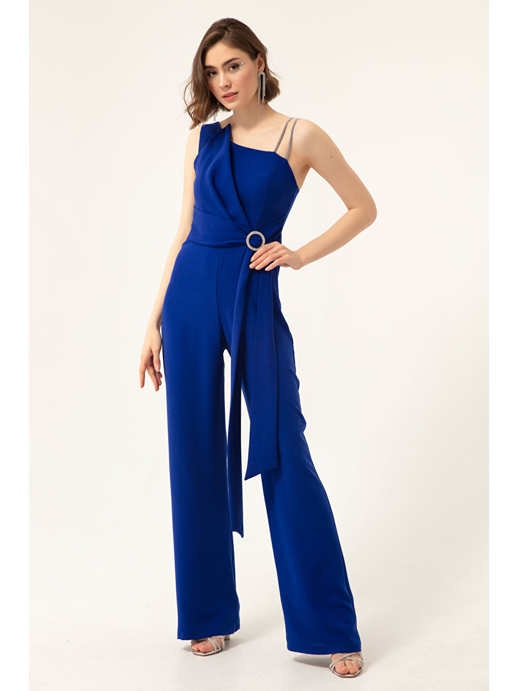 Mavi Kadın Saks Tek Omuz Taşlı Abiye Tulum-1