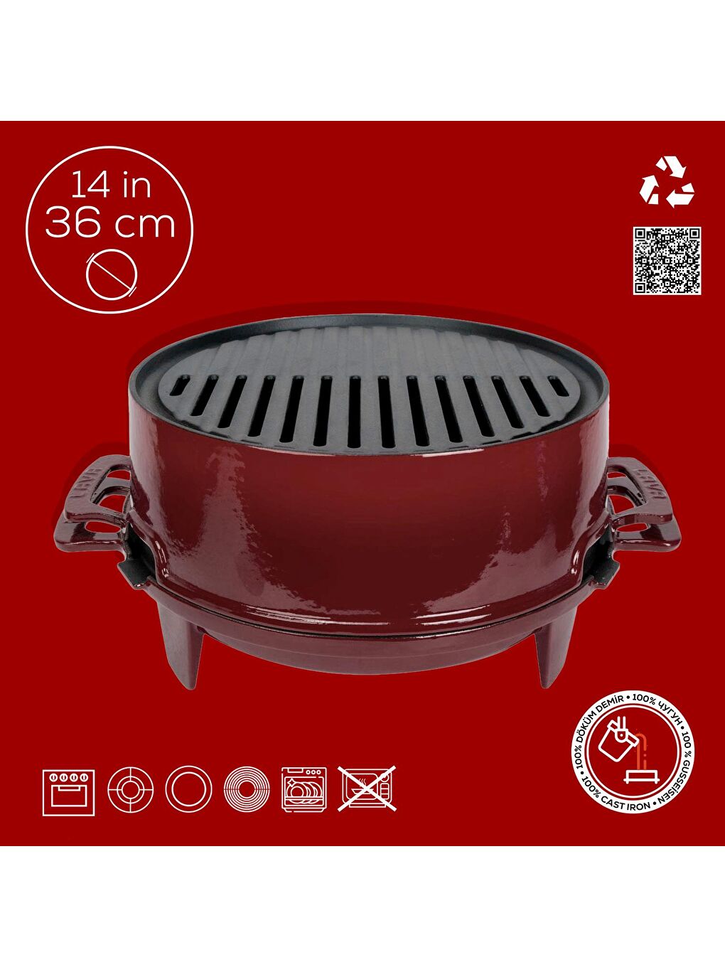 Bordo Yuvarlak Mangal Izgara Set Döküm Demir Yekpare Çift Kulplu Çap (Ø)36cm.-3