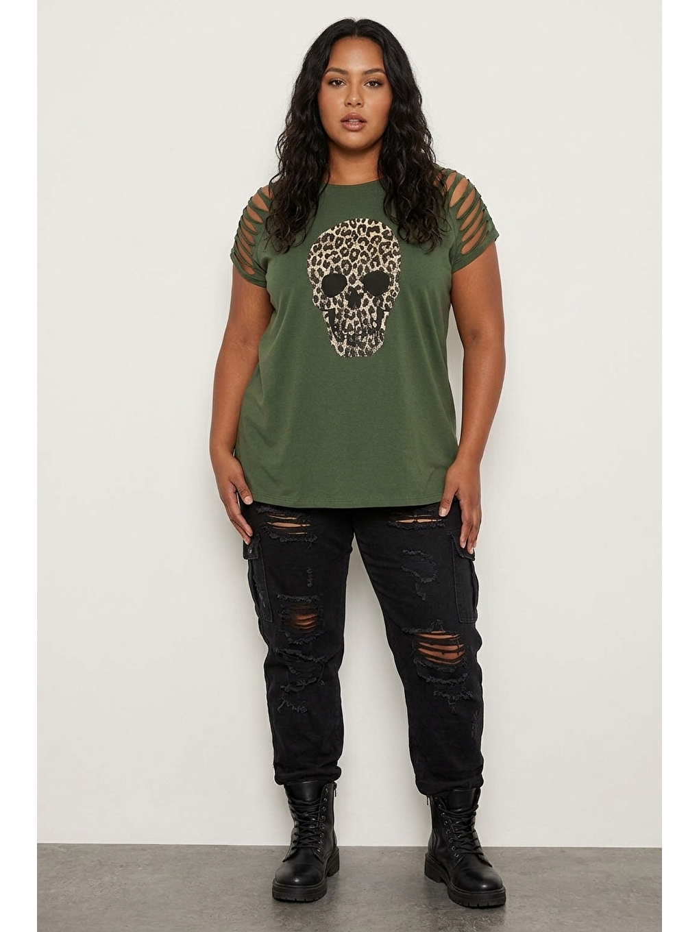 Yeşil Kuru Kafa Desenli T-shirt-3