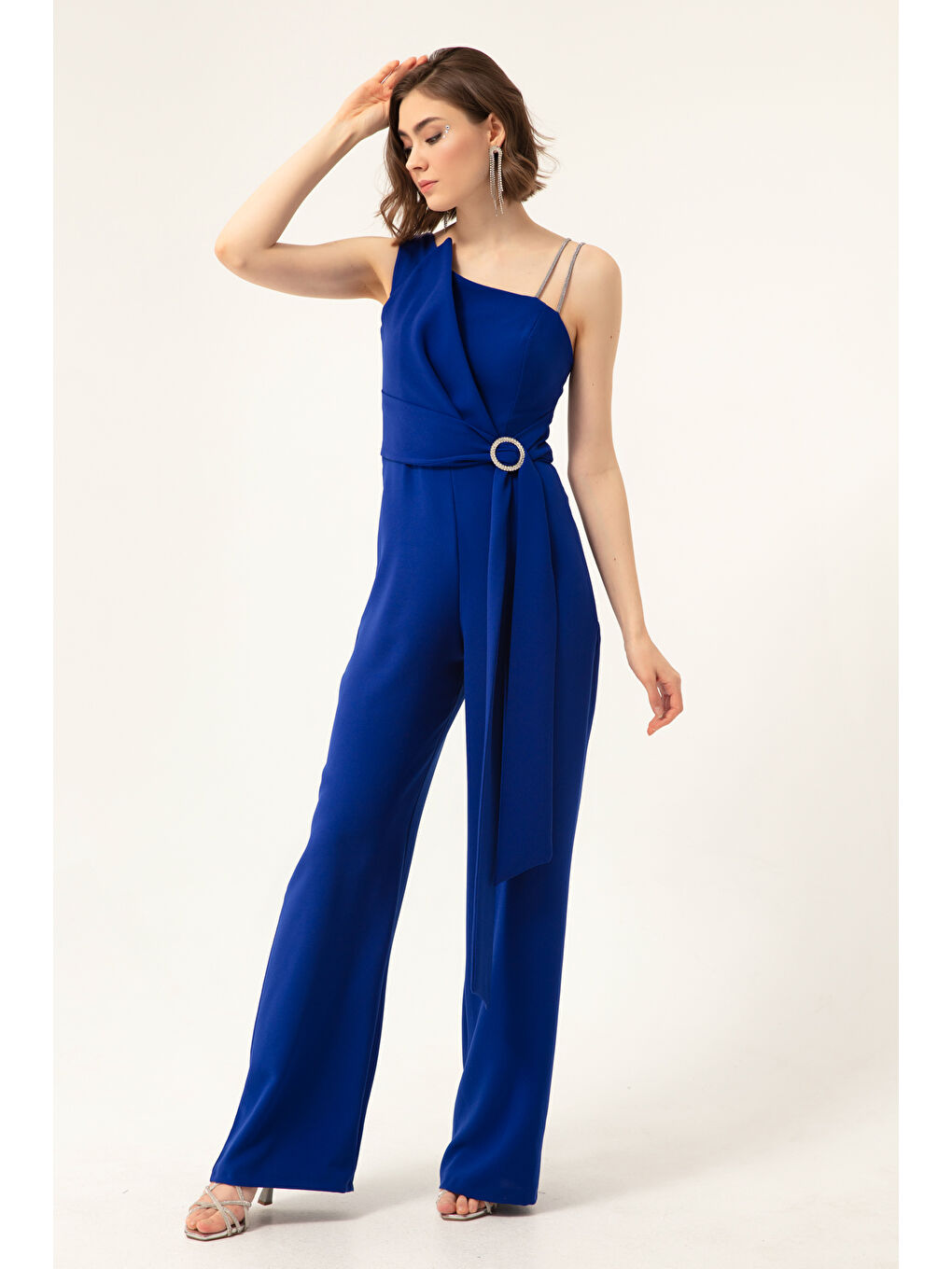 Mavi Kadın Saks Tek Omuz Taşlı Abiye Tulum-2