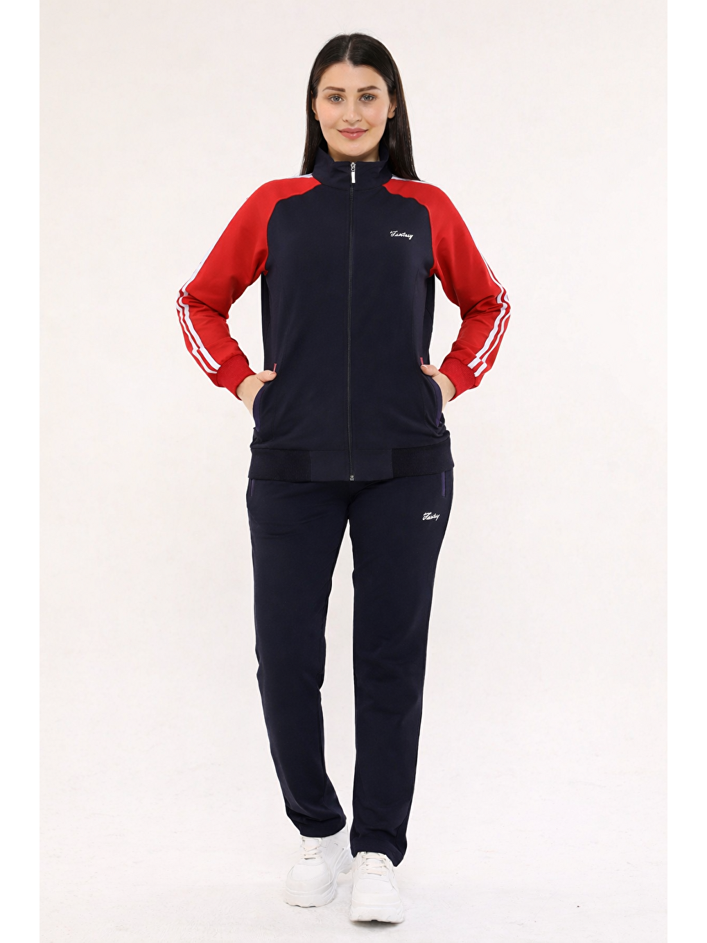 Lacivert Büyük Beden Pamuklu Dik Yaka Bayan Eşofman Takımı 18307