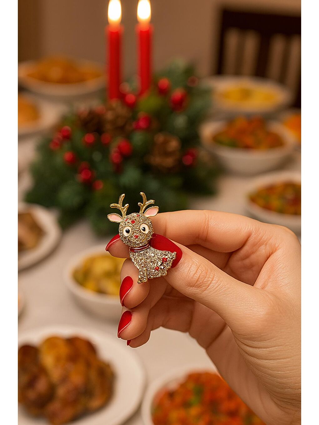 Sarı Yılbaşı Taşlı Sevimli Geyik Broş Yaka İğnesi-1