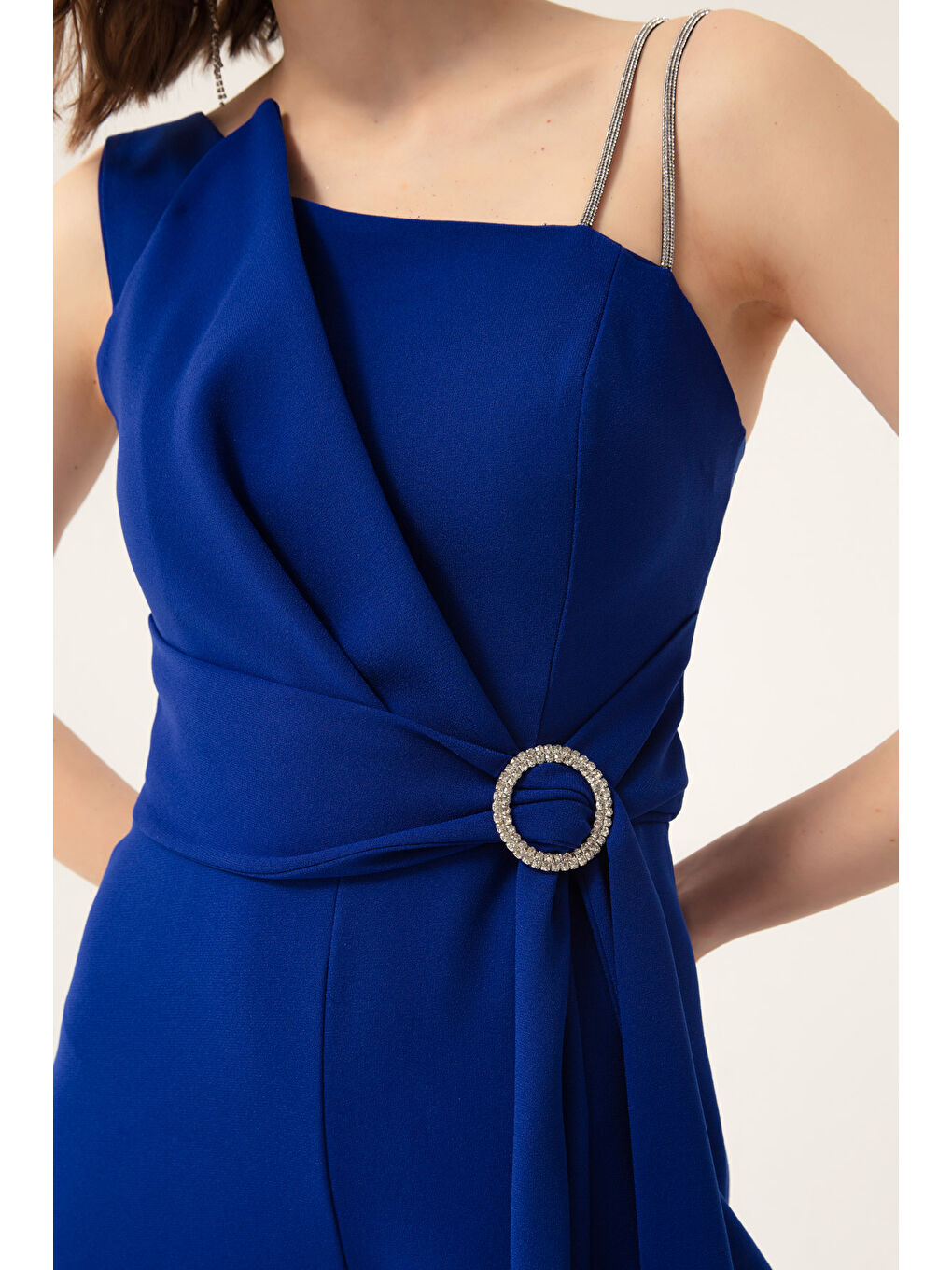 Mavi Kadın Saks Tek Omuz Taşlı Abiye Tulum-3