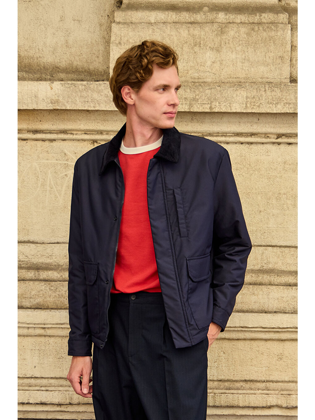 Erkek Kontrast Yakalı Mont Ceket Lacivert