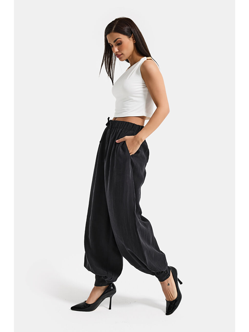 Kadın Siyah Renk s5-1 Baggy Fit Viskon Kumaş Rahat Kesim Yürüyüş Pantolonu-2