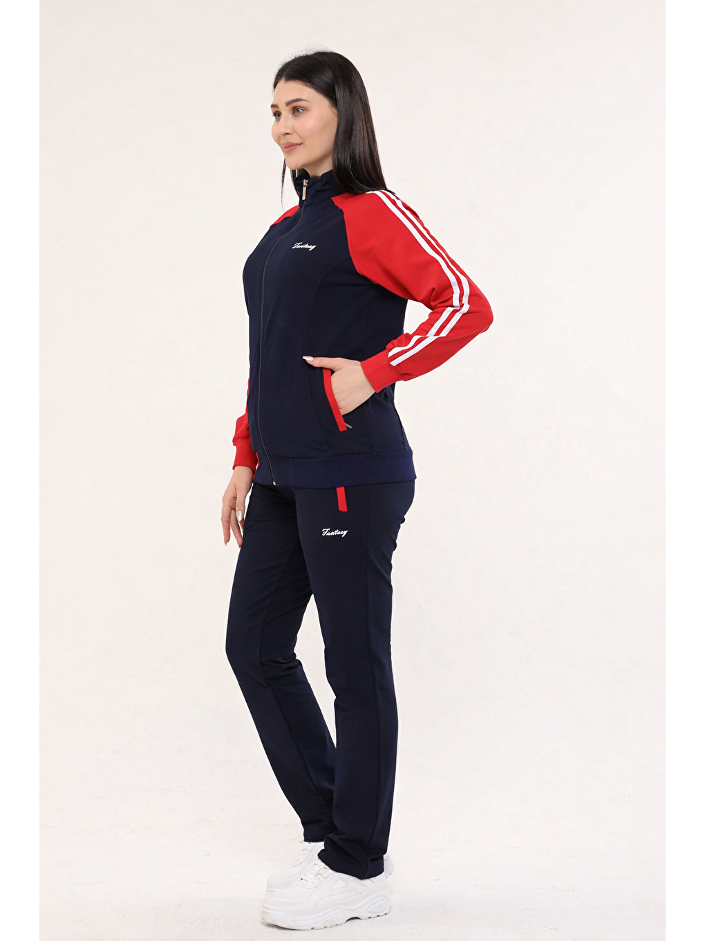 Lacivert Büyük Beden Pamuklu Dik Yaka Bayan Eşofman Takımı 18307-2