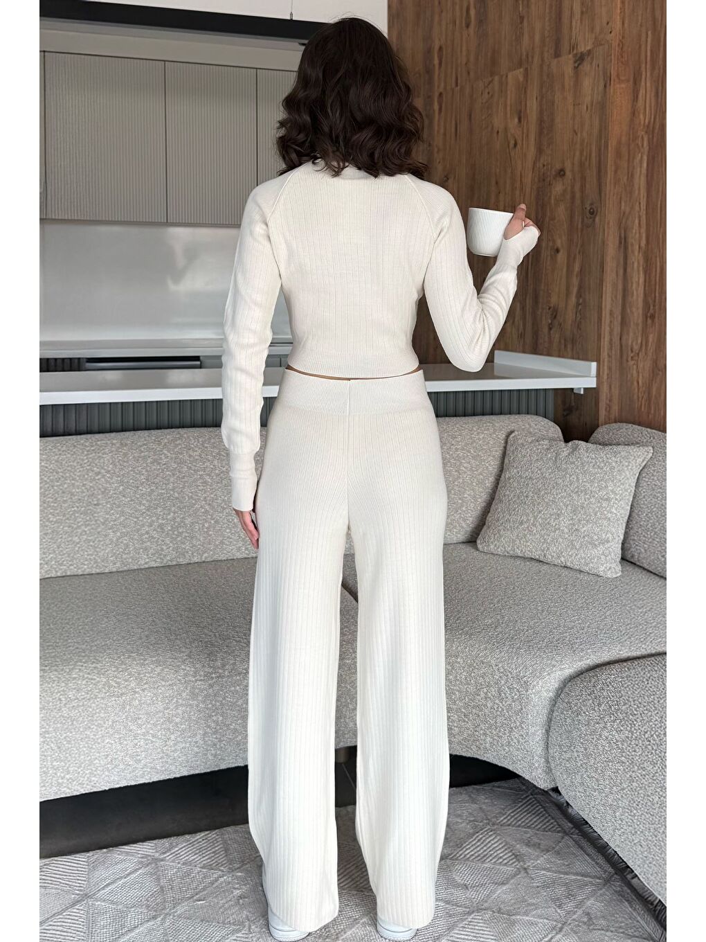 Bej Kadın Kendinden Çizgi Desenli Triko Bluz Pantolon İkili Takım (s-m-l Beden Uyumludur.)-4