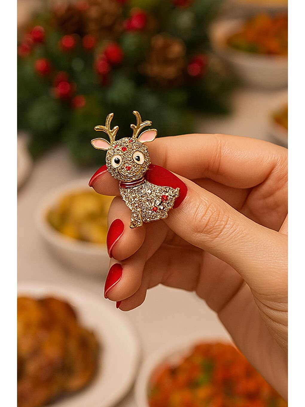 Sarı Yılbaşı Taşlı Sevimli Geyik Broş Yaka İğnesi-4