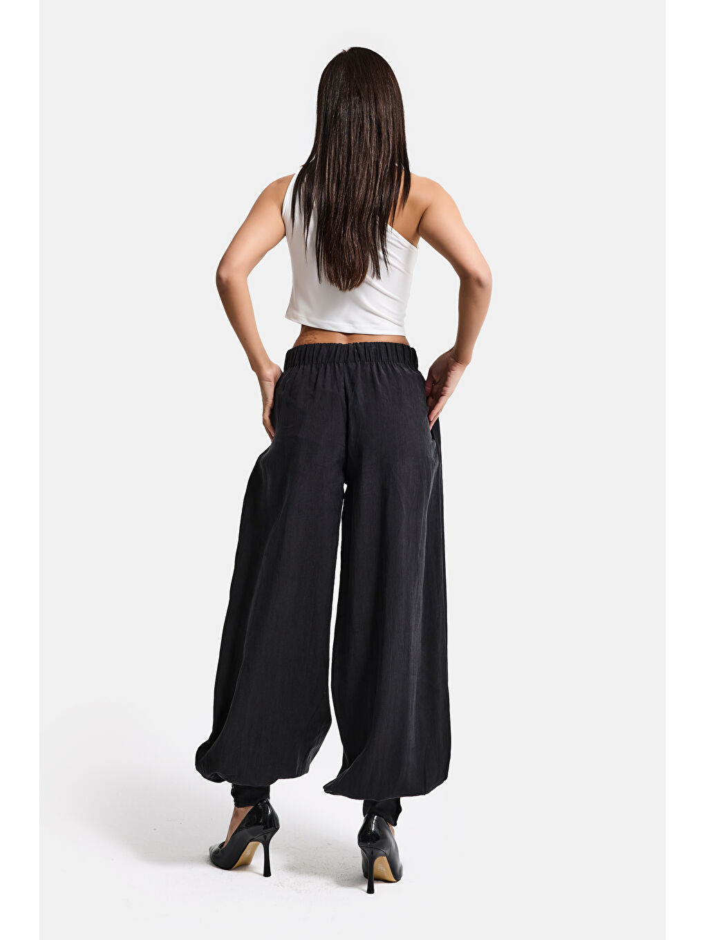 Kadın Siyah Renk s5-1 Baggy Fit Viskon Kumaş Rahat Kesim Yürüyüş Pantolonu-3