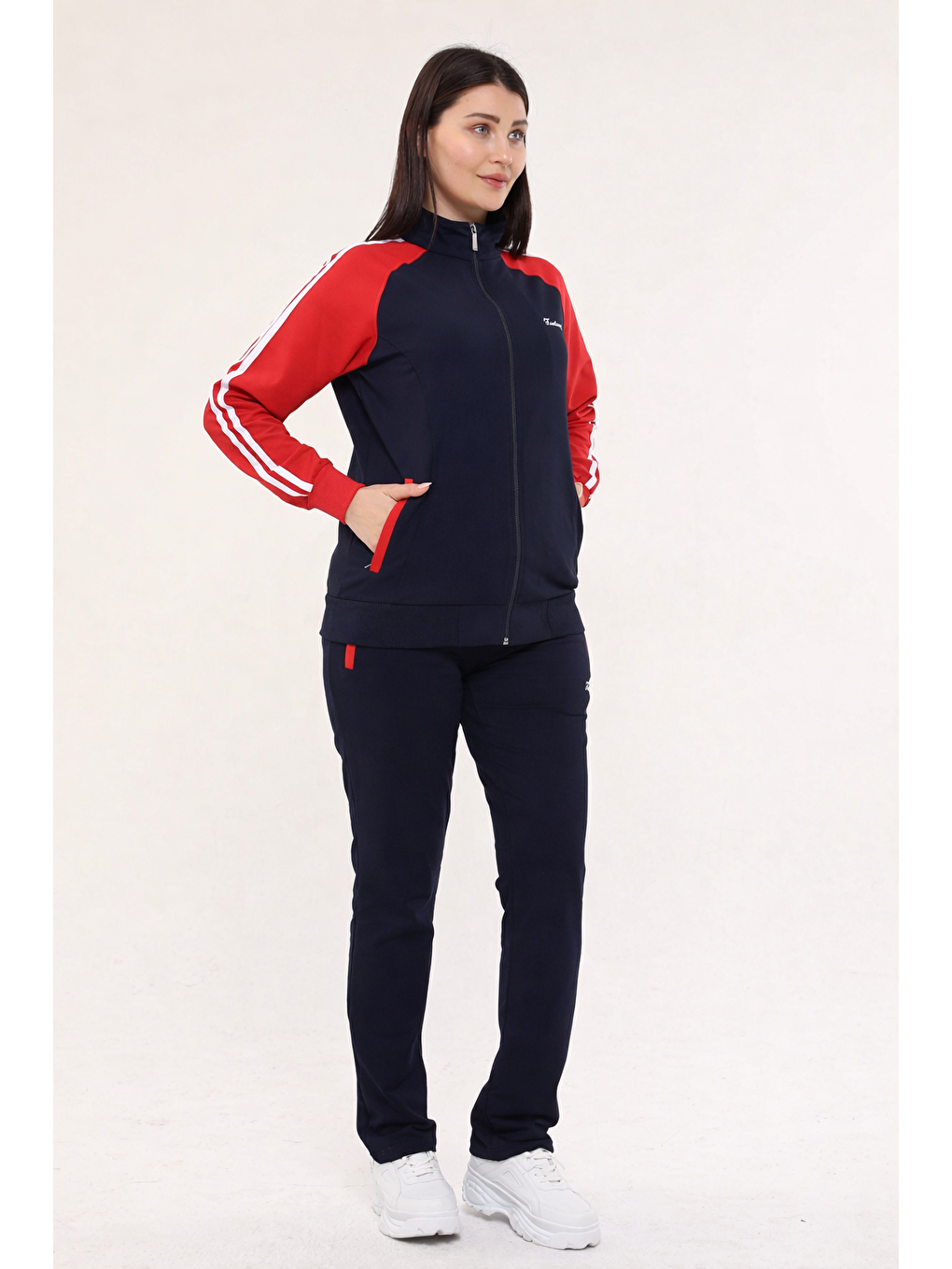 Lacivert Büyük Beden Pamuklu Dik Yaka Bayan Eşofman Takımı 18307-3