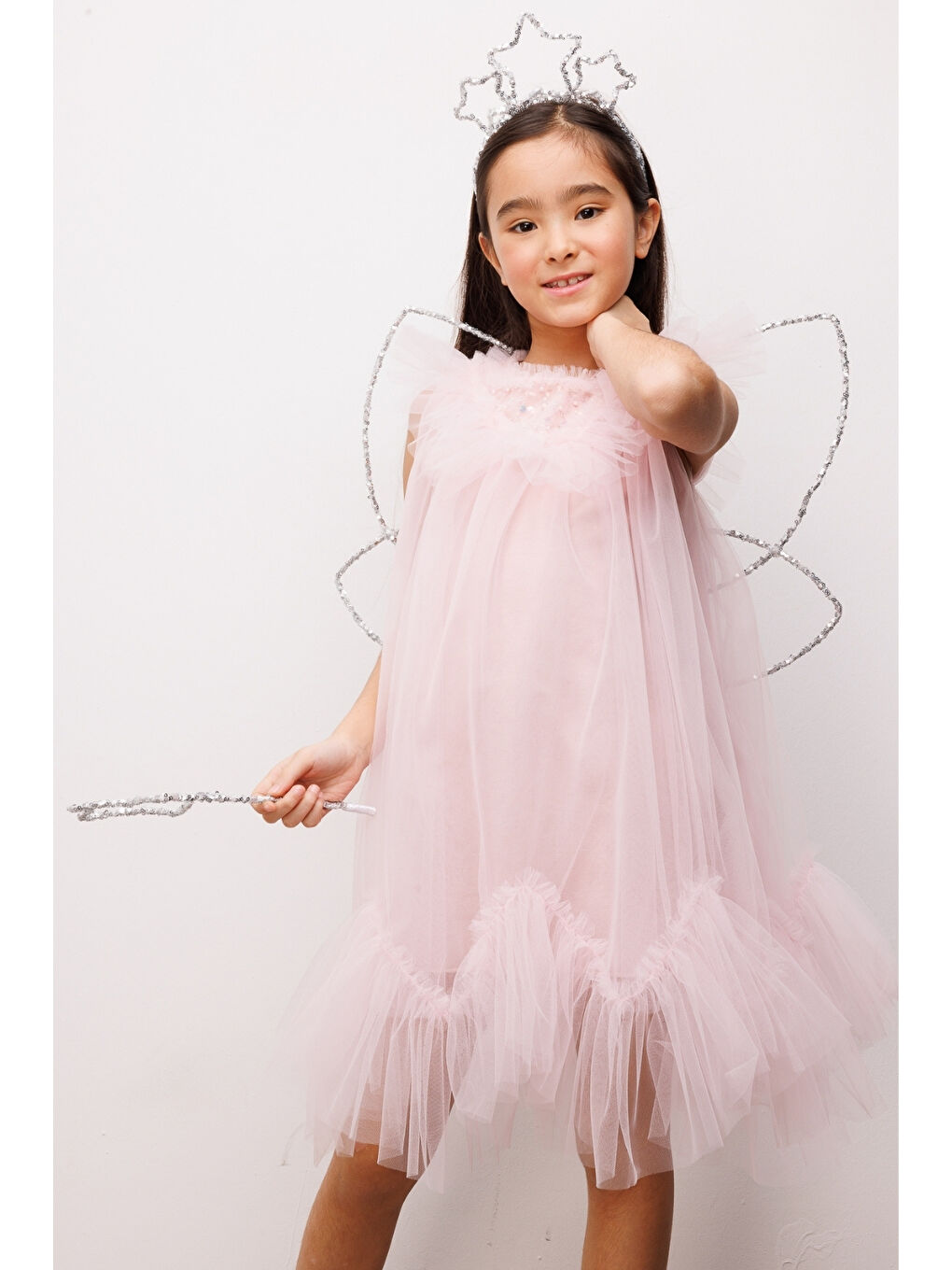 Pembe Pudra  Boncuk Detaylı Eteği Zikzaklı Kız Çocuk Elbise - Cherish