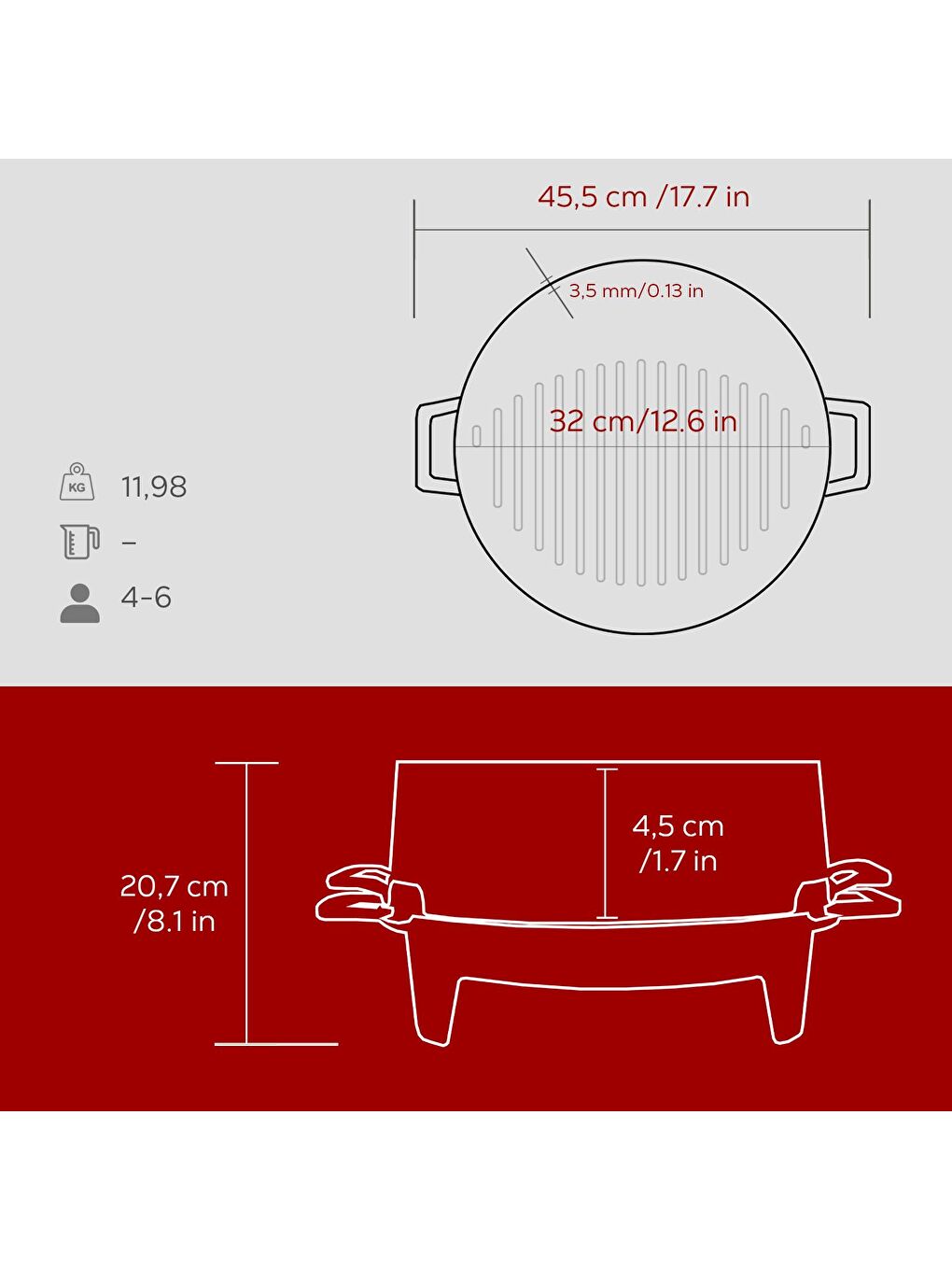 Bordo Yuvarlak Mangal Izgara Set Döküm Demir Yekpare Çift Kulplu Çap (Ø)36cm.-4