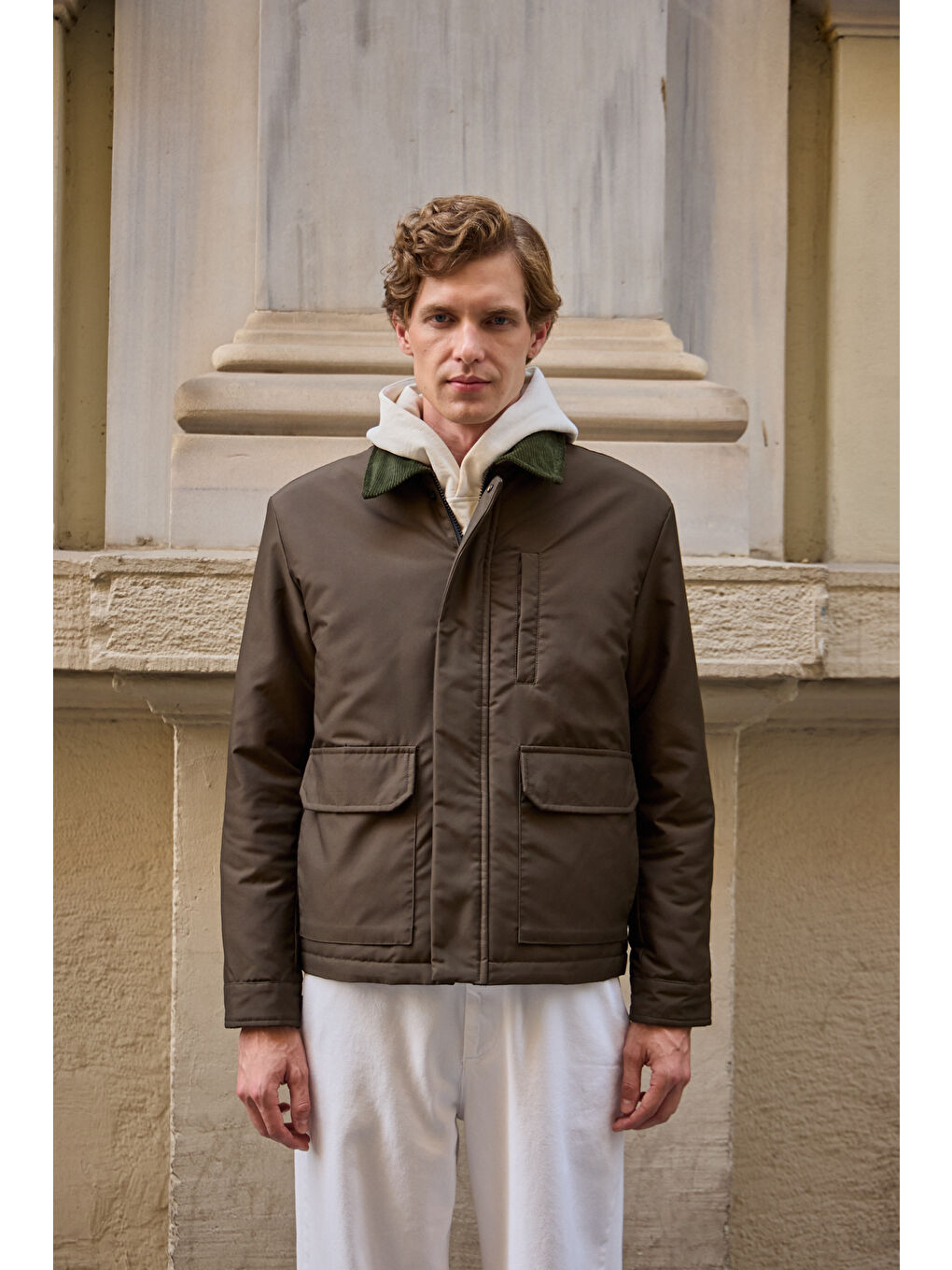 Erkek Kontrast Yakalı Mont Ceket Haki-2