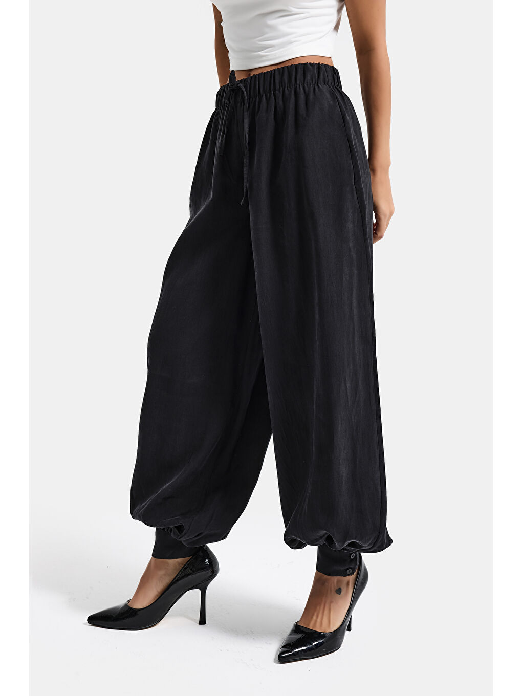 Kadın Siyah Renk s5-1 Baggy Fit Viskon Kumaş Rahat Kesim Yürüyüş Pantolonu-5