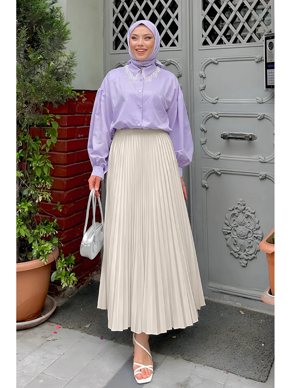 Beyaz Kadın 3 Lü Paket Basic Pilise Bol Lastikli Uzun Etek-1