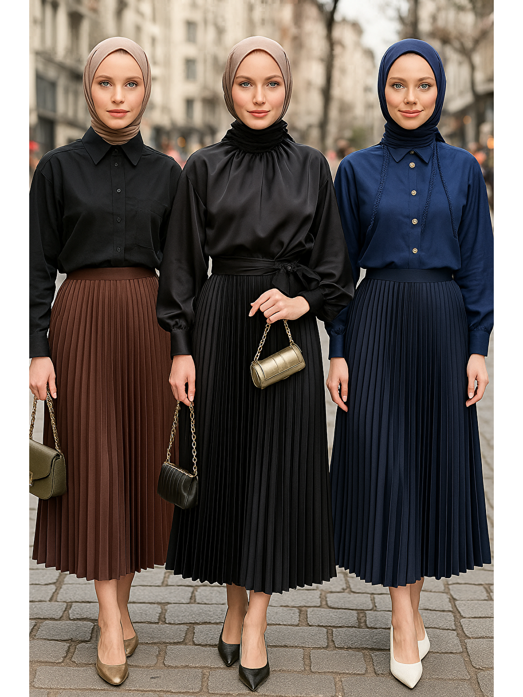 Kahverengi Kadın 3 Lü Paket Basic Pilise Bol Yazlık Uzun Etek